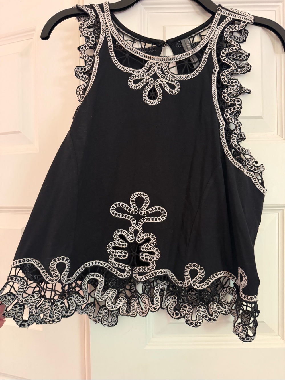 Anthropologie Black Sleeveless Top with Cream Lace Trim
